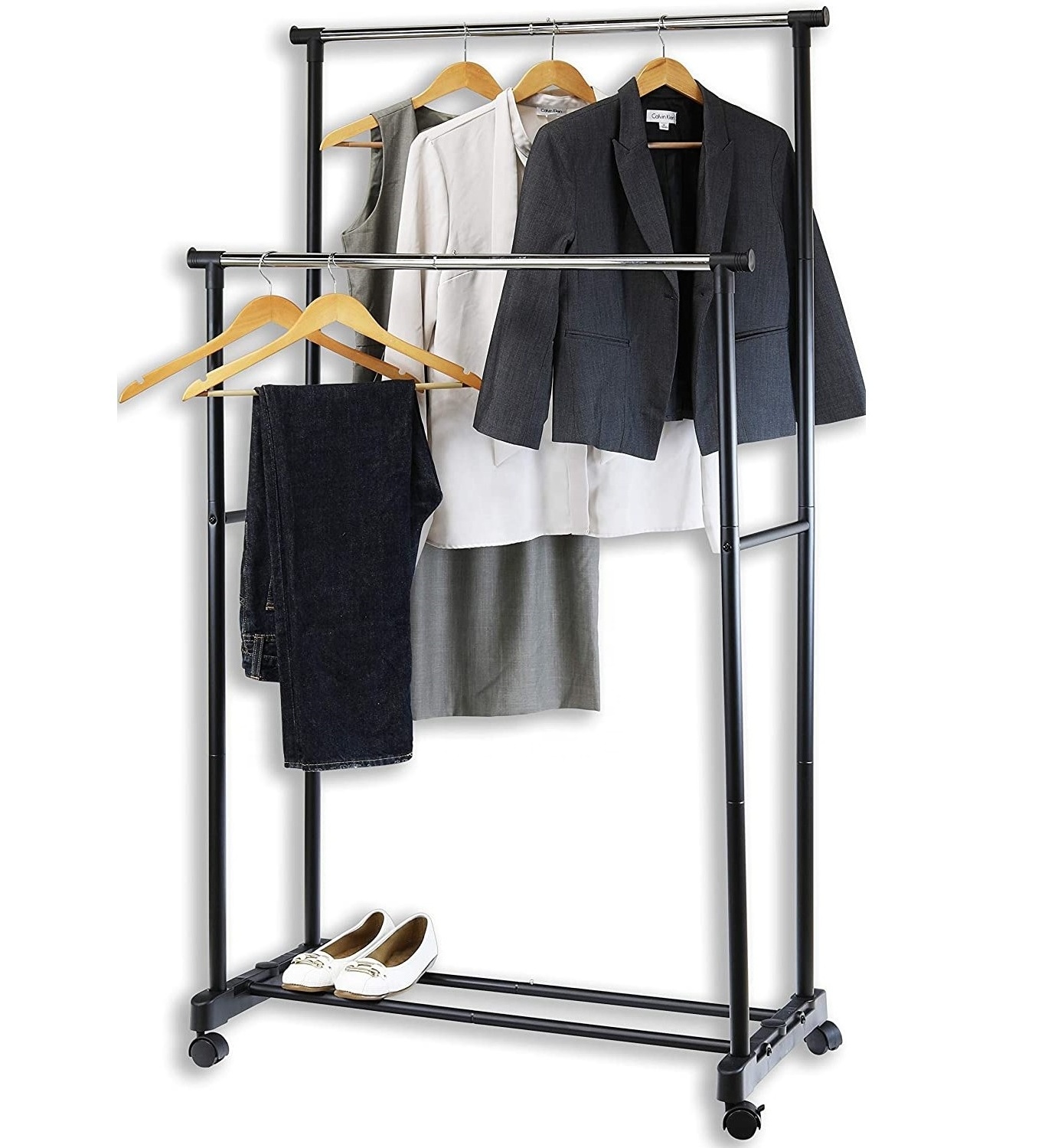 Modern Heavy Duty Coat Rack 2 Tiers Metal Shelves Rolling Clothing Rack with Wheels