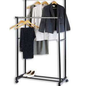 Modern Heavy Duty Coat Rack 2 Tiers Metal Shelves Rolling Clothing Rack with Wheels