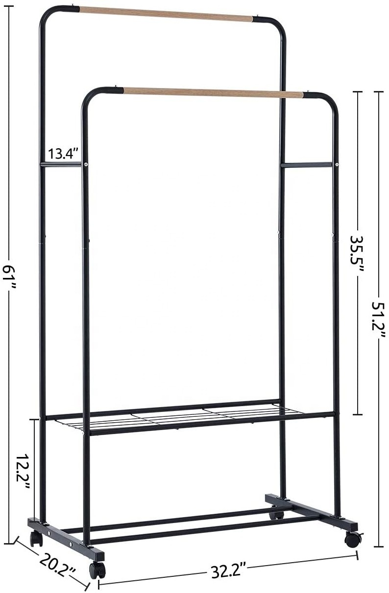 Modern Heavy Duty Coat Rack 2 Tiers Metal Shelves Rolling Clothing Rack with Wheels