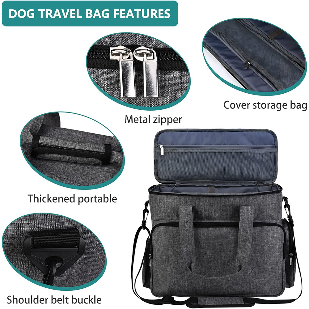 Essential Kits Pet Travel Bag Dog Travel Bag with 2 Pet Food Containers and 2 Collapsible Silicone Bowls for Pet Travel Grey