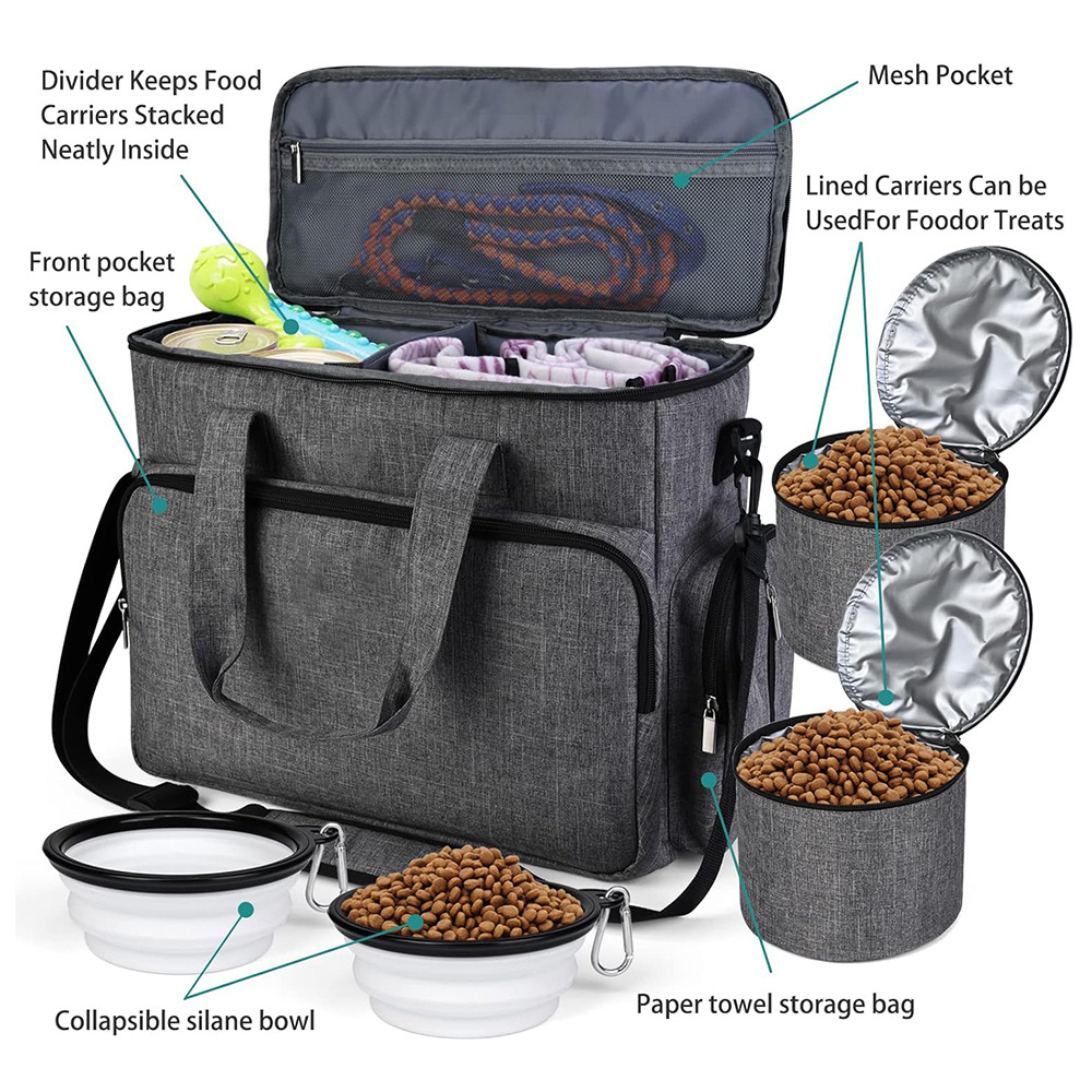 Essential Kits Pet Travel Bag Dog Travel Bag with 2 Pet Food Containers and 2 Collapsible Silicone Bowls for Pet Travel Grey