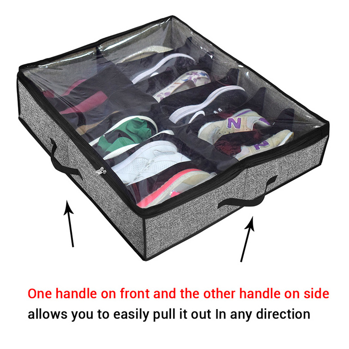 Collapsible Non-woven Transparent Lid 12 Pairs Folding Underbed Shoe Storage Bag Shoes Organizer With Zipper Closet Storage Box