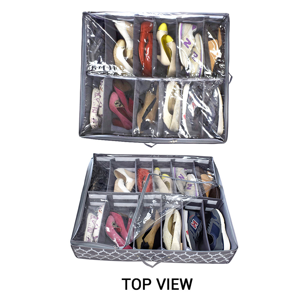 Large Underbed Shoe Organizer Box Adjustable Dividers Collapsible Linen Fabric Container Drawers with 12 Cells Storage Solution