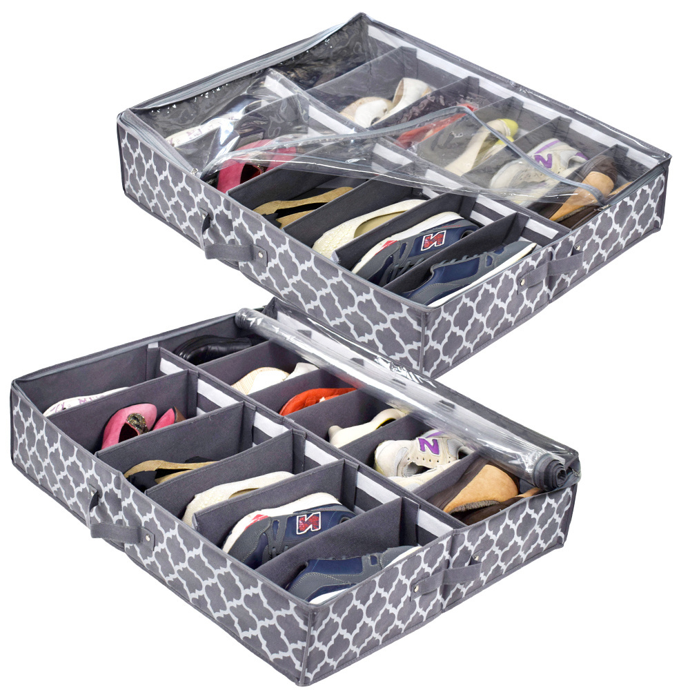 Large Underbed Shoe Organizer Box Adjustable Dividers Collapsible Linen Fabric Container Drawers with 12 Cells Storage Solution