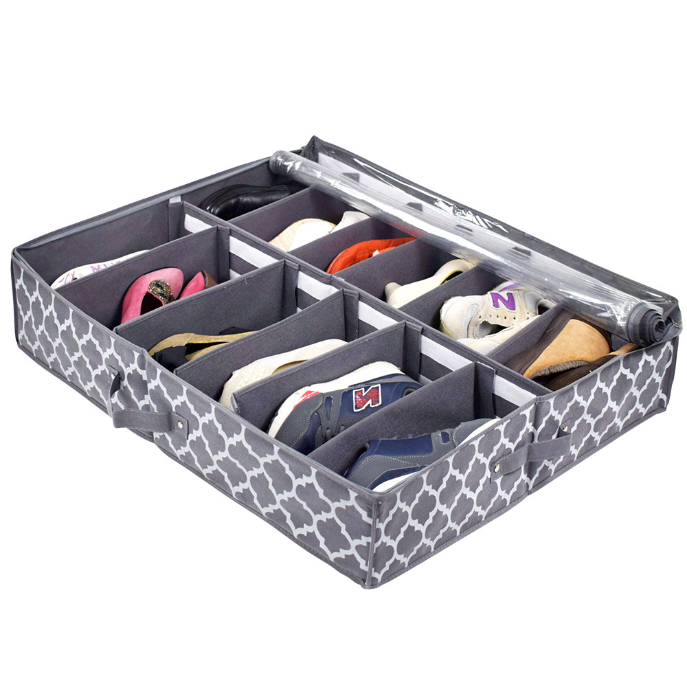 Large Underbed Shoe Organizer Box Adjustable Dividers Collapsible Linen Fabric Container Drawers with 12 Cells Storage Solution