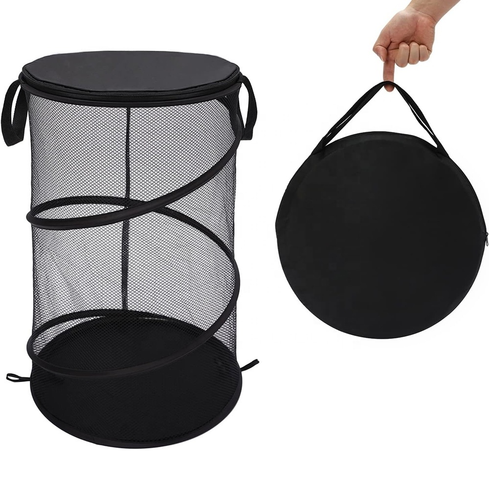 Wholesale Round Laundry Baskets Polyester Mesh Laundry Hamper Steel Storage Organizer with Lid