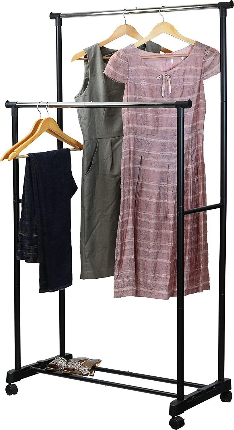 Modern Heavy Duty Coat Rack 2 Tiers Metal Shelves Rolling Clothing Rack with Wheels