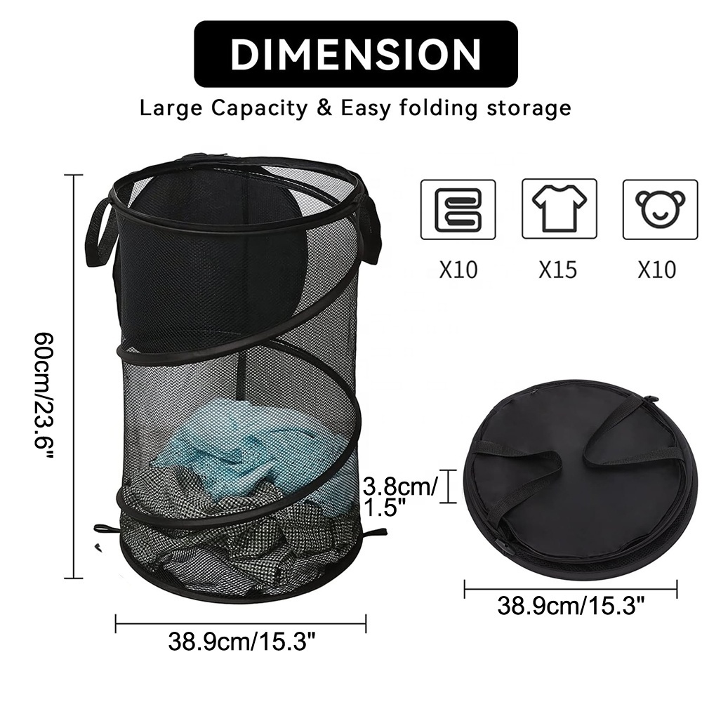 Wholesale Round Laundry Baskets Polyester Mesh Laundry Hamper Steel Storage Organizer with Lid