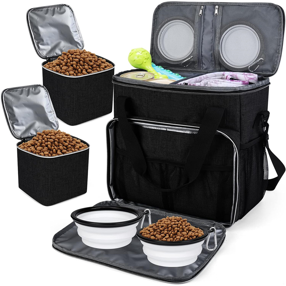 Essential Kits Pet Travel Bag Dog Travel Bag with 2 Pet Food Containers and 2 Collapsible Silicone Bowls for Pet Travel Grey