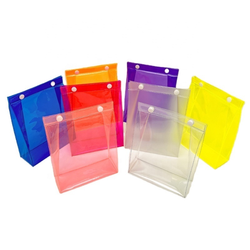 2024 Transparent PVC Gift Packing Bag Clear Cute Colorful Neon Travel Wash Cosmetic Makeup Pouch Kids Candy Gift Bag with Button