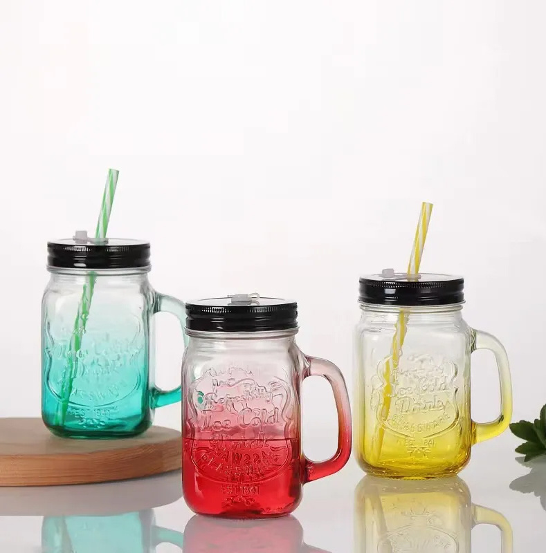 In Stock Wholesale Customized Glass Mason Jar with Straw Lid 480ml Empty Colorful Fruit Coffee Drinking Handle Glass Cups