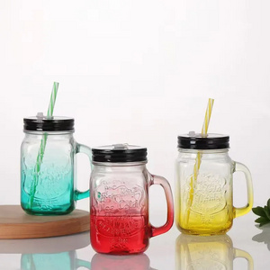 In Stock Wholesale Customized Glass Mason Jar with Straw Lid 480ml Empty Colorful Fruit Coffee Drinking Handle Glass Cups