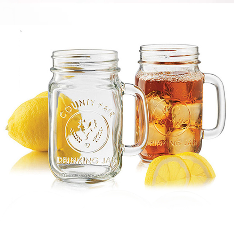 In Stock Wholesale Customized Glass Mason Jar with Straw Lid 480ml Empty Colorful Fruit Coffee Drinking Handle Glass Cups