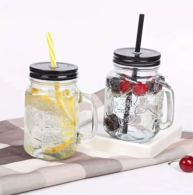 In Stock Wholesale Customized Glass Mason Jar with Straw Lid 480ml Empty Colorful Fruit Coffee Drinking Handle Glass Cups