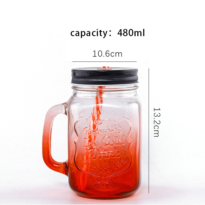 In Stock Wholesale Customized Glass Mason Jar with Straw Lid 480ml Empty Colorful Fruit Coffee Drinking Handle Glass Cups