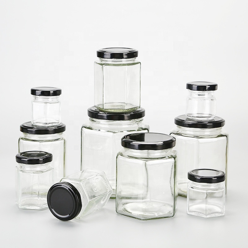 Wholesale 45ml 180ml 280ml Hexagon Storage Glass Jar with Lid Hexagonal Glass Bottle  for Food Honey Jam Hot Chili Sauce