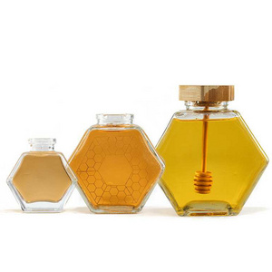 Honey Container empty hexagonal honey jar glass hexagonal with wooden lids and dripper