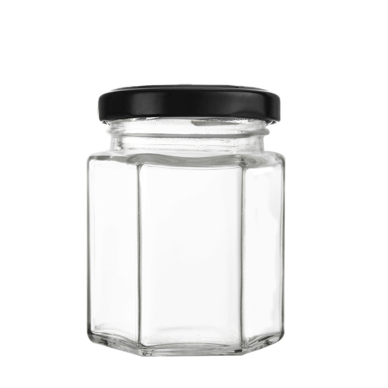 Wholesale 45ml 180ml 280ml Hexagon Storage Glass Jar with Lid Hexagonal Glass Bottle  for Food Honey Jam Hot Chili Sauce