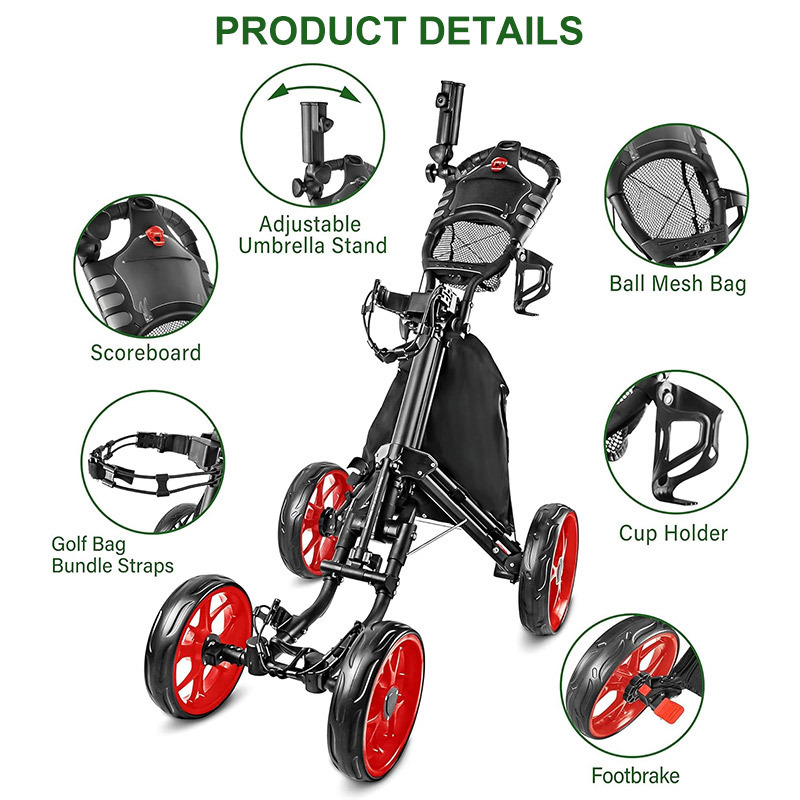 Golf Push Cart Of 4 Wheels Easy Foldable with Foot Brake Umbrella Holder Golf Push Carts Trolley