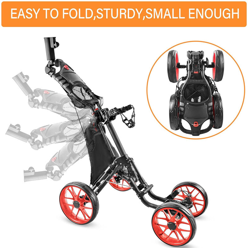 Golf Push Cart Of 4 Wheels Easy Foldable with Foot Brake Umbrella Holder Golf Push Carts Trolley