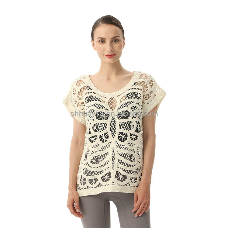 Ladies Round Neck Short Sleeve Lace Blouse Crochet Tops For Women See Through Top