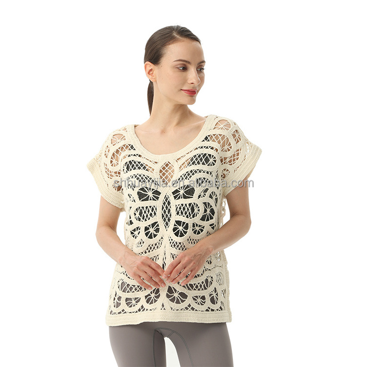 Ladies Round Neck Short Sleeve Lace Blouse Crochet Tops For Women See Through Top