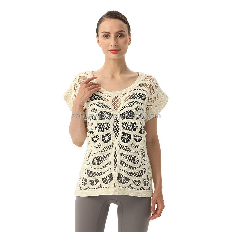 Ladies Round Neck Short Sleeve Lace Blouse Crochet Tops For Women See Through Top