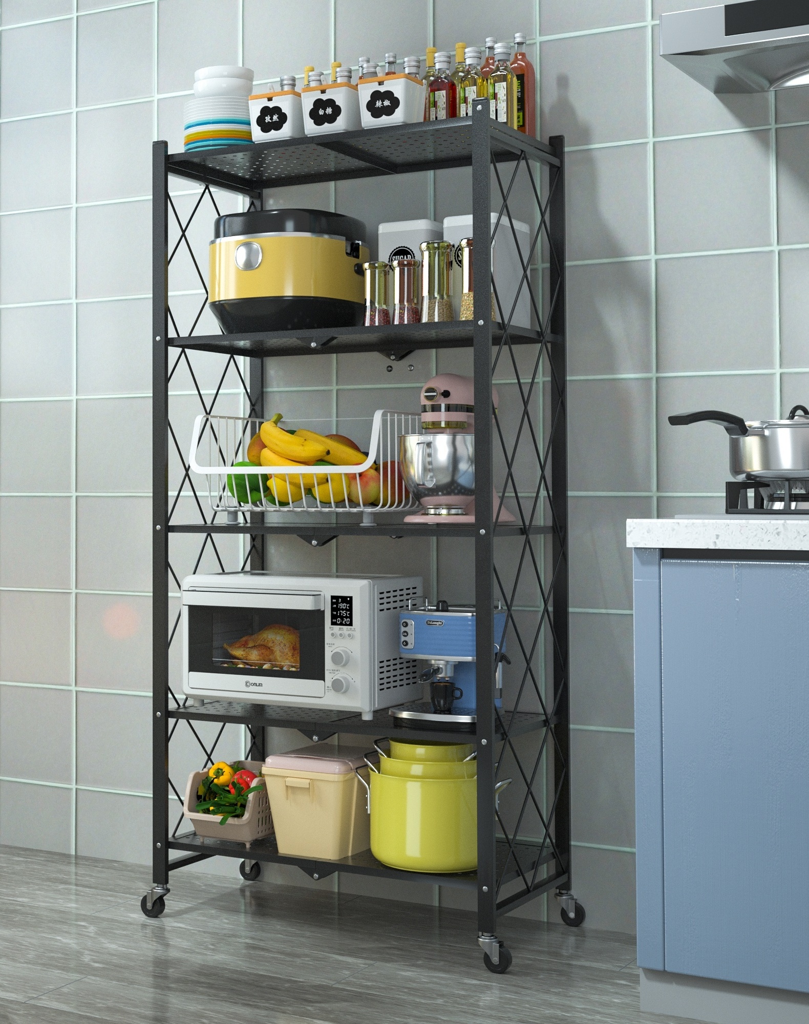 Home Storage foldable metal Shelf organizer with Wheels telescopic kitchen folding rack