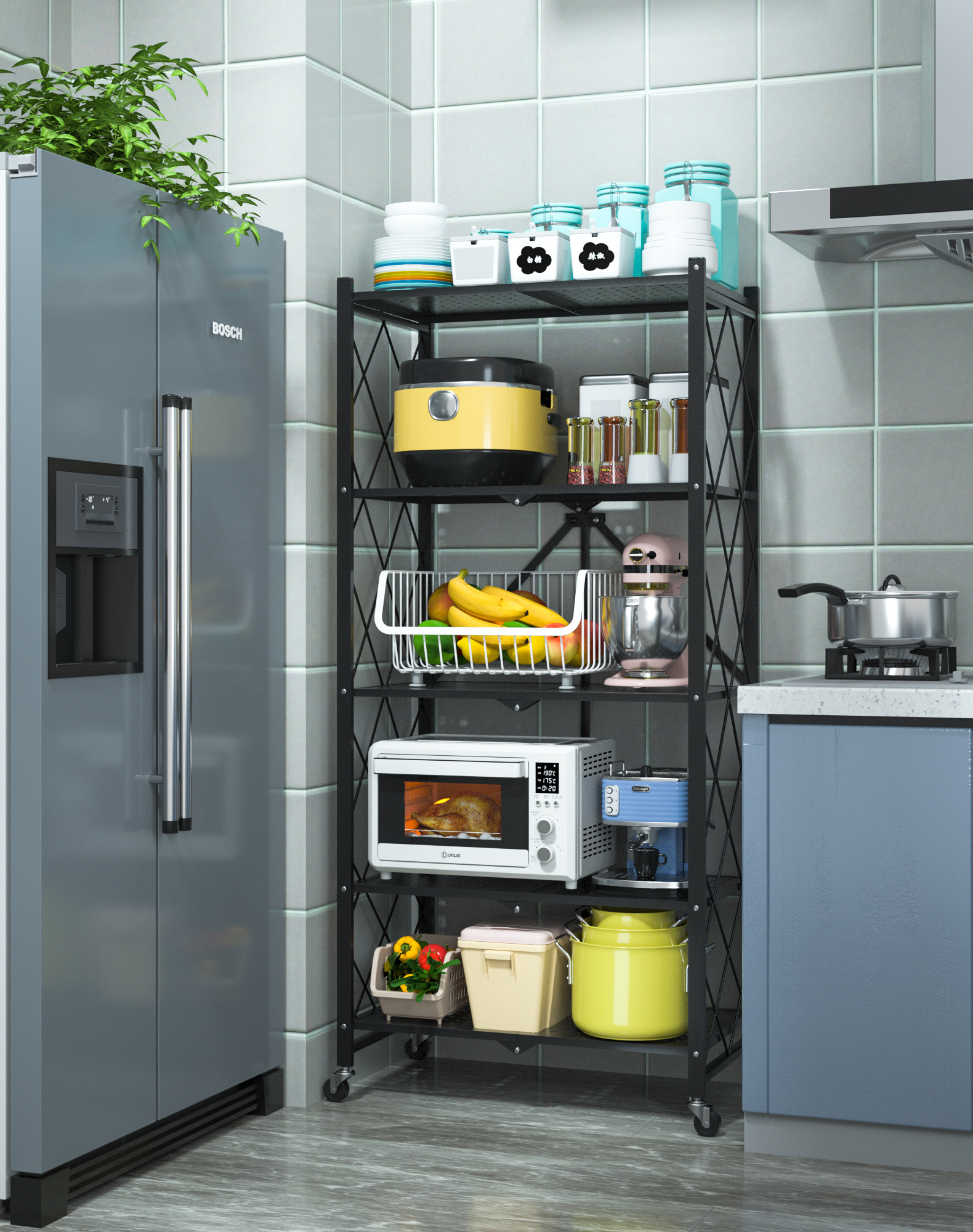 Home Storage foldable metal Shelf organizer with Wheels telescopic kitchen folding rack