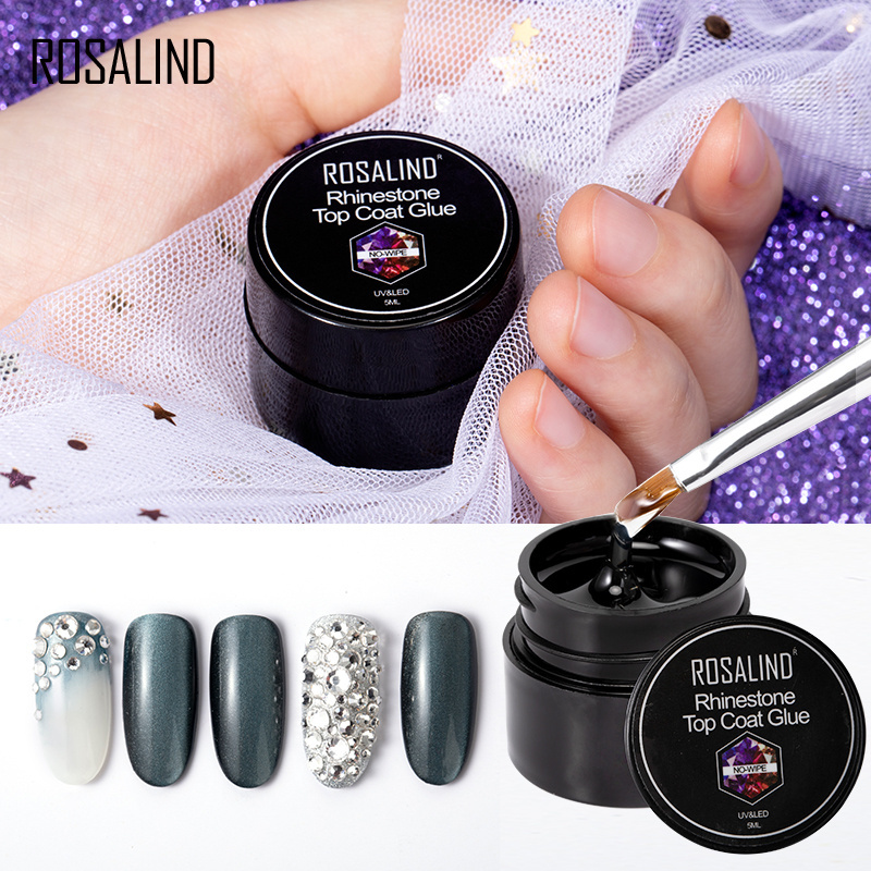 ROSALIND private label 5ml no wipes rhinestone top coat glue soak off uv/led top coat gel polish for nail art design