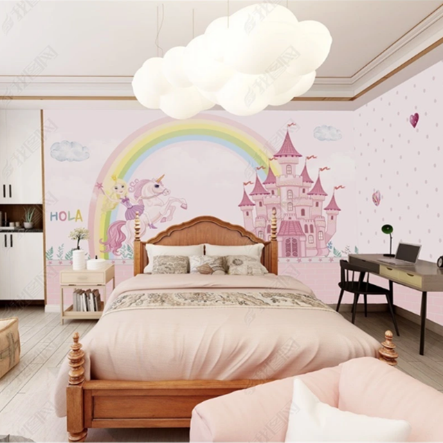 wallpaper for girls room the little princess and the Unicorn Castle fairy tale pink mural