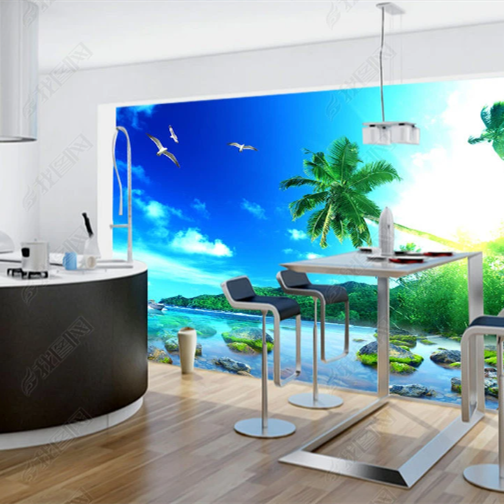 Landscape 3D Wall Stickers Self-adhesive Ocean Beach Painting Wallpaper