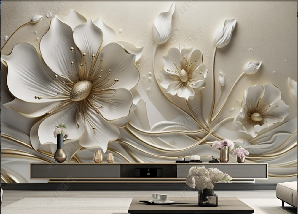 Light Luxury and Beautiful 3D Mural Wallpaper Embossed Jewelry Flower TV Sofa Background Wall Decor