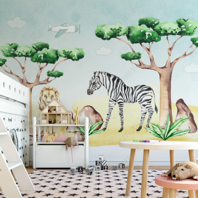 Cartoon Animal Wall Decal Jungle Animals Wallpapers Elephant Lion Zebra Butterfly Wall Decor for Kids Baby