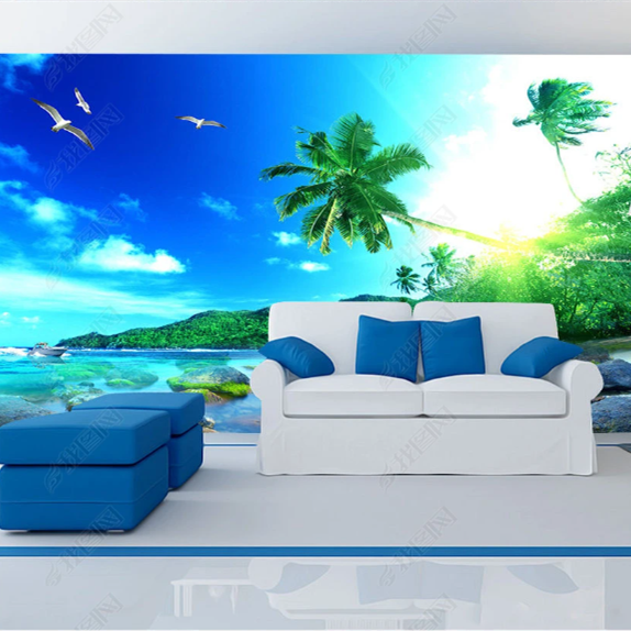 Landscape 3D Wall Stickers Self-adhesive Ocean Beach Painting Wallpaper