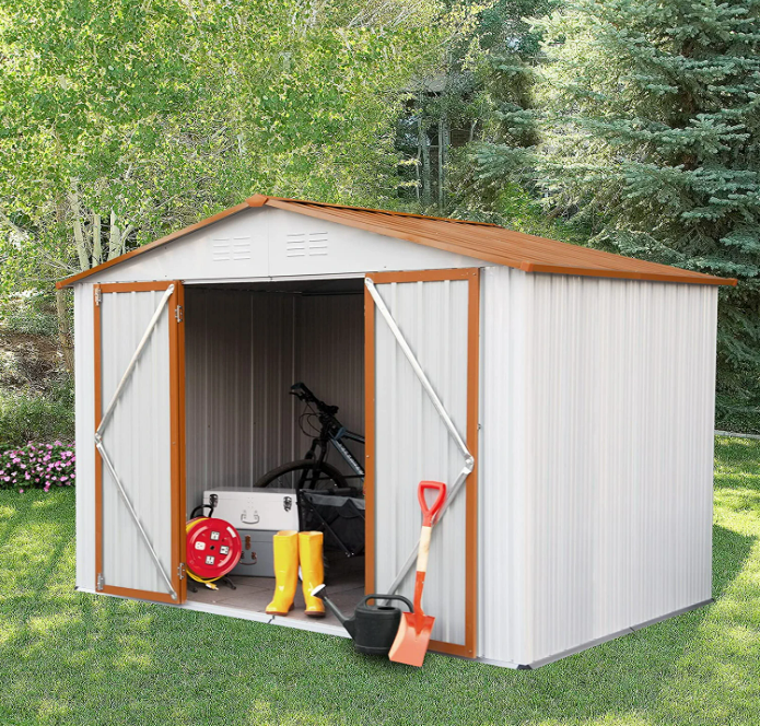 8' x 6' Outdoor Storage Shed, Steel Metal Shed with Floor Frame and Lockable Double Doors with 3 Garage Hooks container house