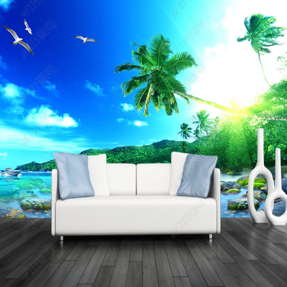 Landscape 3D Wall Stickers Self-adhesive Ocean Beach Painting Wallpaper