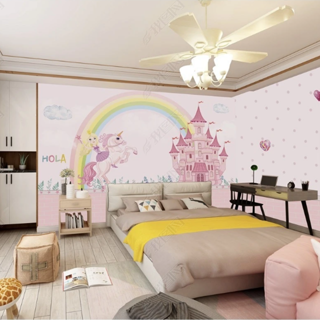 wallpaper for girls room the little princess and the Unicorn Castle fairy tale pink mural