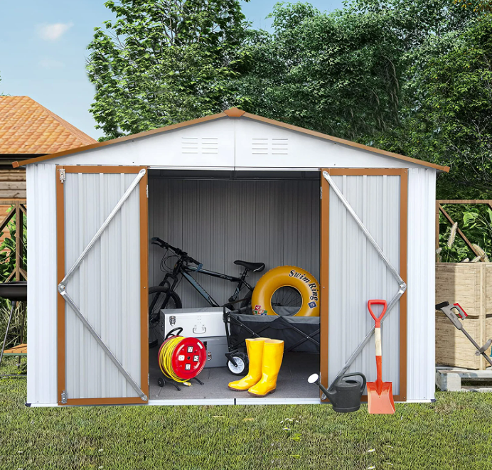 8' x 6' Outdoor Storage Shed, Steel Metal Shed with Floor Frame and Lockable Double Doors with 3 Garage Hooks container house