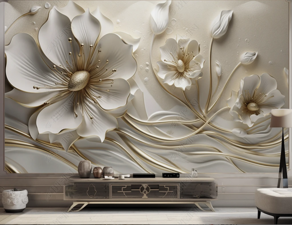 Light Luxury and Beautiful 3D Mural Wallpaper Embossed Jewelry Flower TV Sofa Background Wall Decor