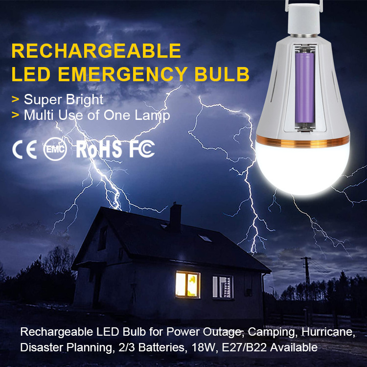 E27 18650 Lithium Battery Operated Hanging Replaceable Emergency Lamp Led Bulb Light With Backup Battery