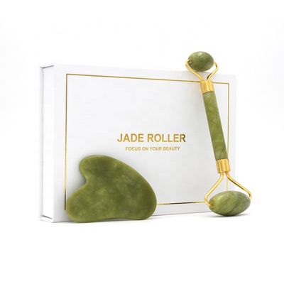 SFM Brand High Quality Green Jade Roller Guasha Set Hot Selling Face Massage Roller Jade Guasha Stone Drop Shipping jade roller