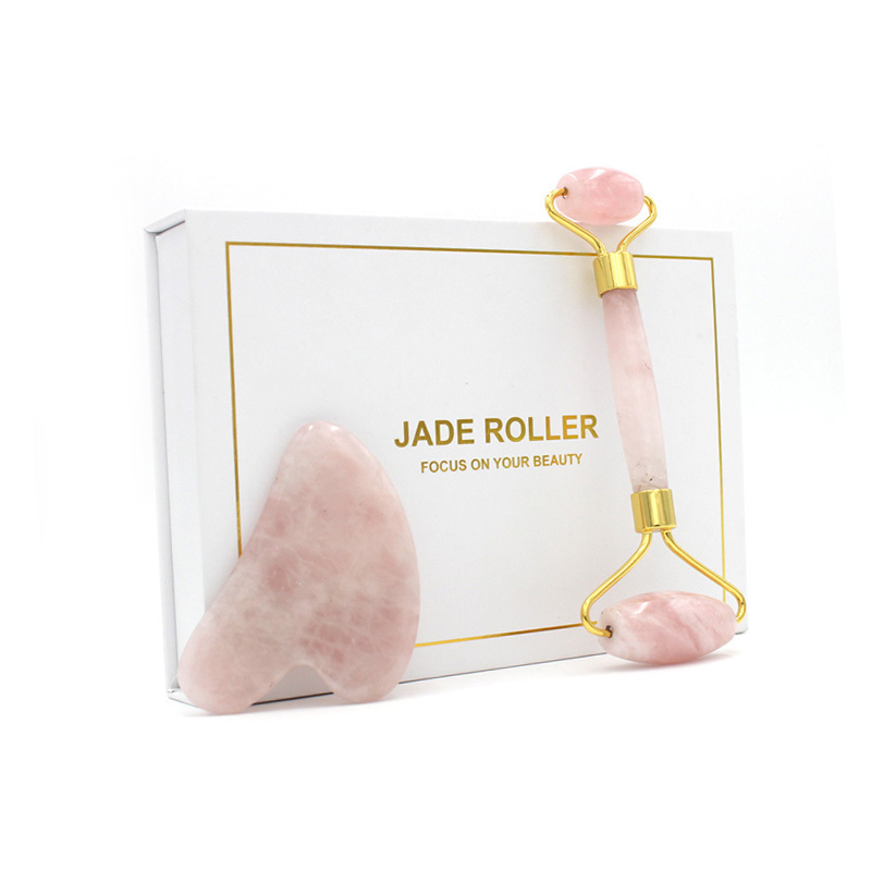 Rose Quartz Facial Jade Massage Roller Gua Sha Anti Aging Facial Roller Rose Quartz Roller Guasha Set Package Box and Pouch