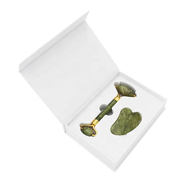 SFM brand Hot Sell Green Jade Roller Guasha Set Natural Green Jade Face Massage Roller Guasha Stone Box jade roller