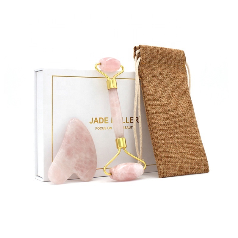 Rose Quartz Facial Jade Massage Roller Gua Sha Anti Aging Facial Roller Rose Quartz Roller Guasha Set Package Box and Pouch