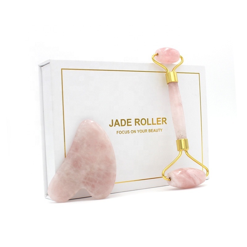 Rose Quartz Facial Jade Massage Roller Gua Sha Anti Aging Facial Roller Rose Quartz Roller Guasha Set Package Box and Pouch