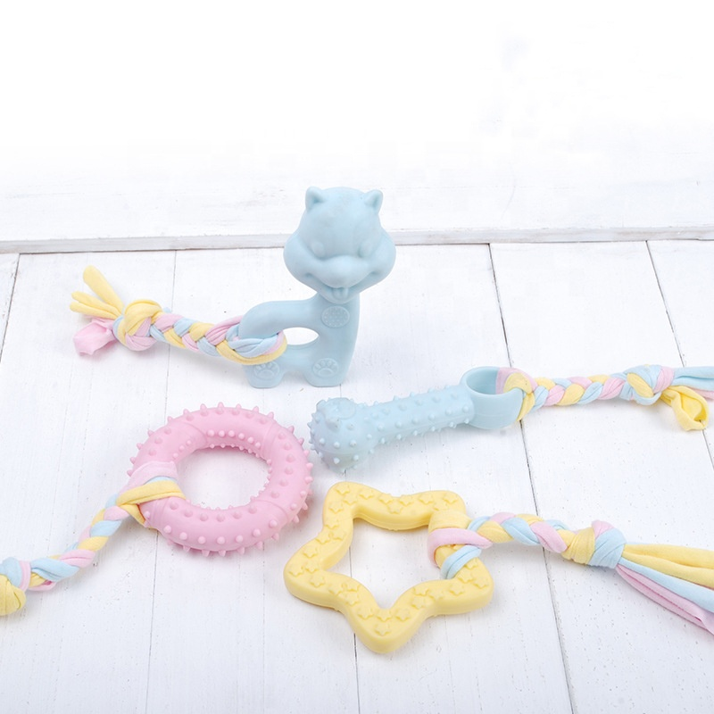 Pet toy TPR macaron cotton rope cloth dog chewing toy candy color cute rope knot  interactive dog toy