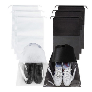 2023 portable travel dustproof shoe organizer bags non woven drawstring shoe bag for transparent window