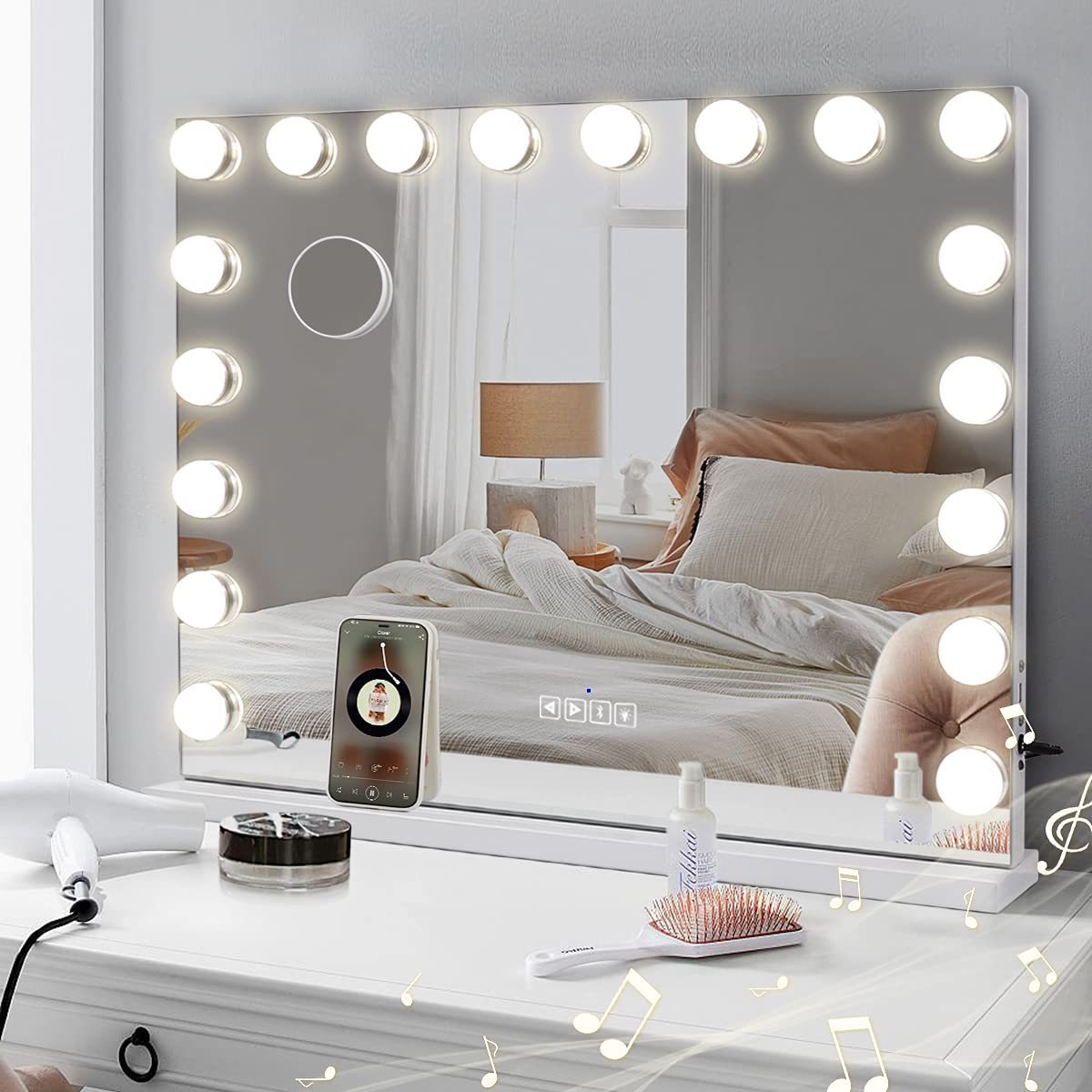 Home furniture bluetooth speaker dressing table 18 bulbs lighted vanity mirror with music player and calling