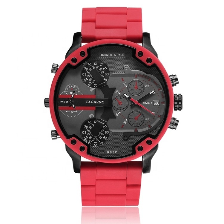 Luxury Cagarny 6830 Red Silicone Cool Mens Sports Wrist Watch Relogio